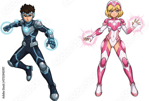 Cartoon superhero children in futuristic suits, glowing energy powers, sci‑fi heroes, action, teamwork, adventure, colorful illustration, childhood fantasy, comic style