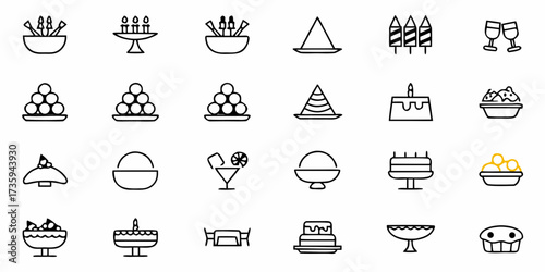 Celebrate life's moments with this collection of party icons, from cakes and drinks to party hats, ideal for invitations, party planning websites, and festive designs