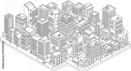 Monochrome Isometric City Block Illustration showcasing Diverse Urban Architecture and Street Layout