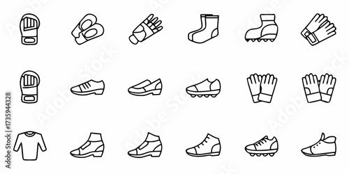 Sportswear Icons: Dynamic Variety of Athletic Gear, From Boxing Gloves to Running Shoes, Perfect for Fitness Enthusiasts and Sportswear Brands, Originally a Scalable Vector Graphic