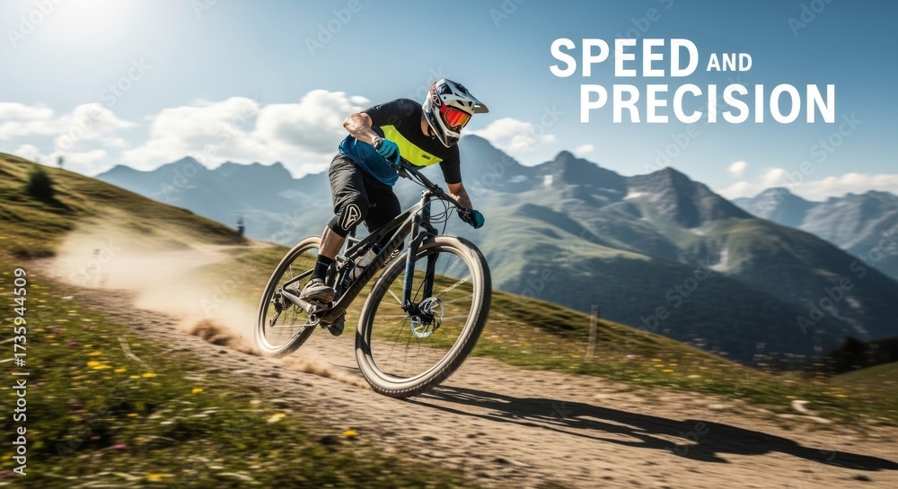 Fototapeta premium Dynamische Mountainbike Actie: Snelheid en Precisie op Zonnig Bergpad