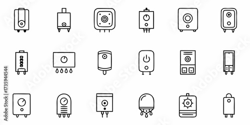 Versatile water heater icons for plumbing services, appliance repair, or modern home design projects, offering a clean, minimalist aesthetic originally designed as a scalable vector graphic