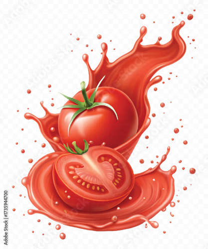 realistic 3d red tomato juice or ketchup sauce splashes in different style isolated on transparent background