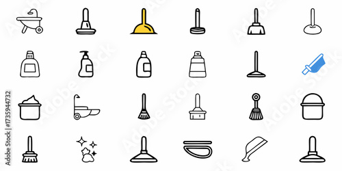 Essential Cleaning Tools and Supplies Icons for a Sparkling Home, Featuring Plungers, Brushes, and Cleaning Solutions in a Modern Style, Perfect for DIY Cleaning Projects