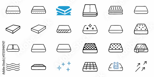 Explore Comfort: Mattress Icons Showcase Variety and Support, Perfect for Product Design and Healthcare, Illustrating Sleep Solutions and Relaxation in Modern Style