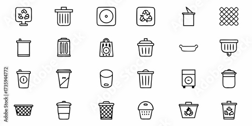 Collection of black and white line icons of trash cans, containers, and bins for waste management, environmental conservation and recycling concepts showcases versatility