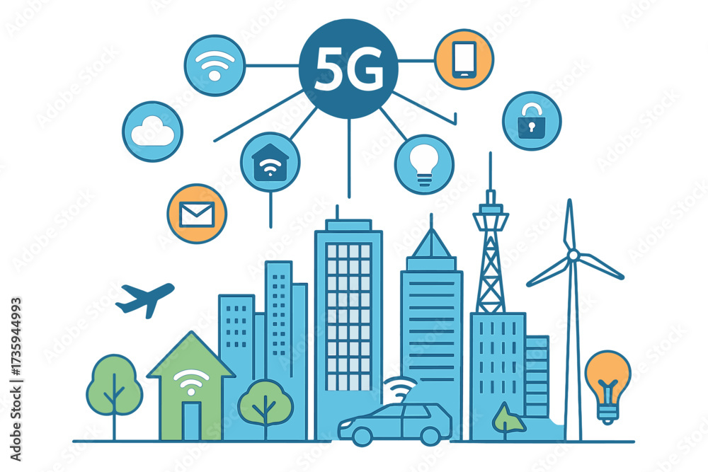 Fototapeta premium Concept of a smart city and its communication network, incorporating 5G, IoT (Internet of Things), and telecommunications