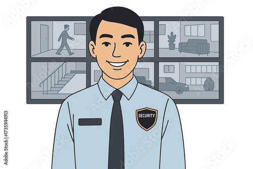 Portrait of a smiling security employee in a control room at an Asian agency, showcasing professionalism, safety, and expertise in operating a data center for video surveillance to prevent crime