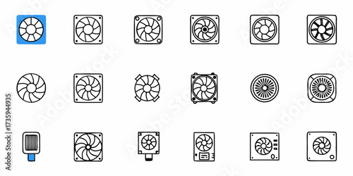 Variety of cooling fan icons for computer hardware, providing essential airflow and thermal management for efficient system performance in vector style design elements