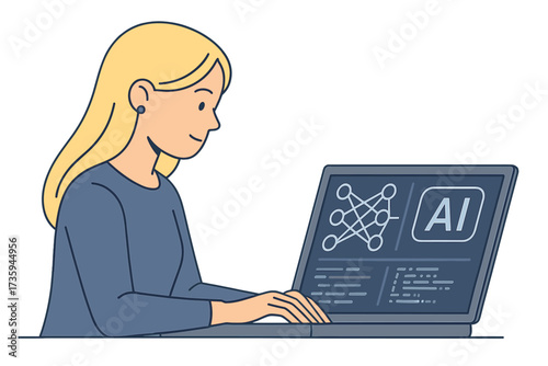 A blonde woman works at her computer, displaying a neural network,  simulation, and coding language, showcasing future technologies