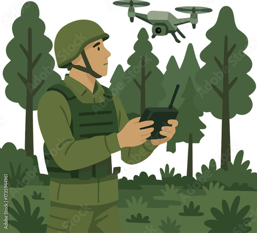 During a military mission, a soldier pilots a surveillance drone using a remote control in a forest