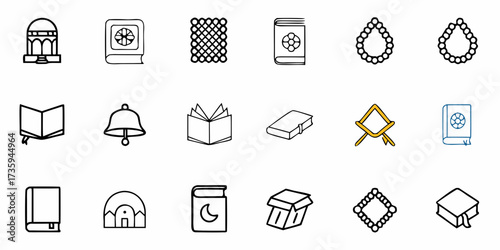Religious Icon Collection: Featuring Prayer Beads, Holy Books, Temples, and Symbols of Faith, Ideal for Spiritual Content, Education, or Religious Studies Resources, Vector Origin