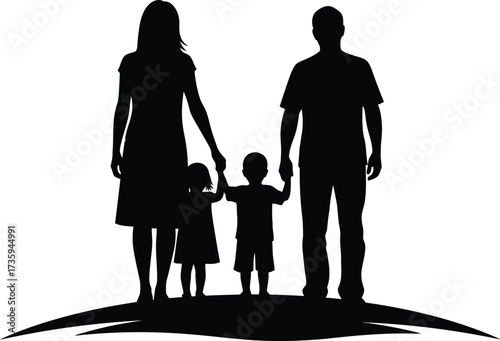 Silhouette Family Standing Together Holding Hands on a Wavy Ground Line parents children