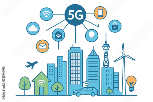 Concept of a smart city and its communication network, incorporating 5G, IoT (Internet of Things), and telecommunications