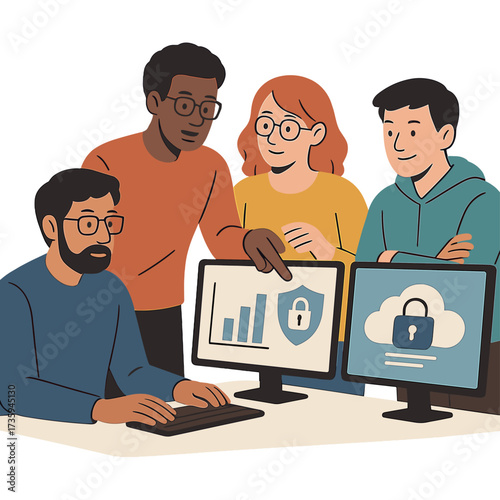 A diverse group of IT experts convened at a desk, reviewing data on computer screens, tackling a data security initiative, and brainstorming future enhancements for a cloud computing system