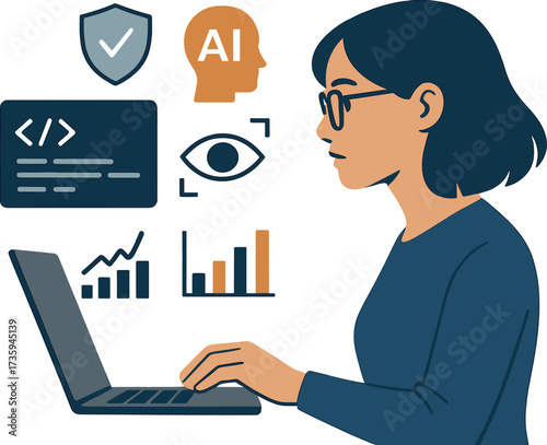 A female IT expert gains skills in code and data analysis, cybersecurity, and the effects of 's augmented reality, presented in a side profile with copy space
