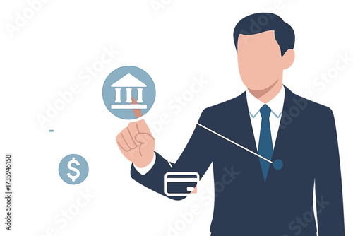 A businessman taps online banking and network connection icons, while online payments, shopping, and digital technology display on a virtual screen, embodying a global business technology and finance