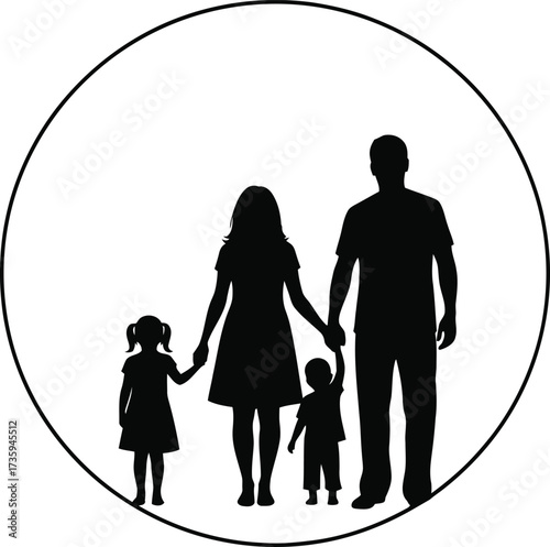 Silhouette Of A Family Of Four Holding Hands Inside A Circle On White Background