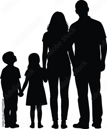 Silhouette of a family of four standing together on a white background parents children