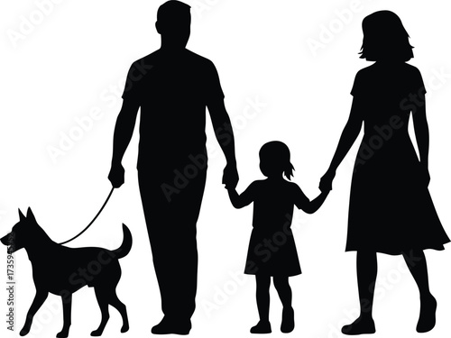 Silhouette of a family walking a dog on a leash on a white background vector illustration