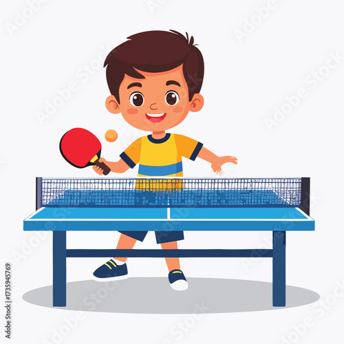 A young boy is playing table tennis, ready to hit the ball over the net.
