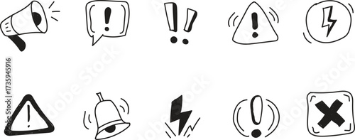 Hand Drawn Warning Icons Set, Doodle Sketch Alert, Caution, Error, Notification Symbols