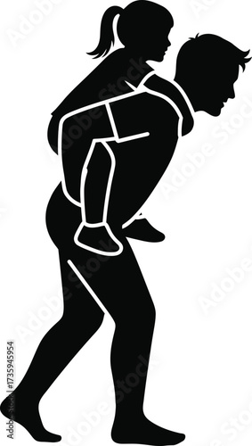 Silhouette of a father giving his daughter a piggyback ride on a white background