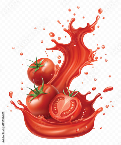 realistic 3d red tomato juice or ketchup sauce splashes in different style isolated on transparent background