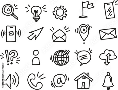 Hand Drawn Communication Icons Set, Doodle Sketch Symbols for Internet, Messaging, Media