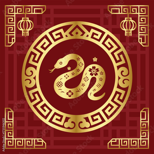 Golden Chinese snake zodiac in oriental red frame with floral ornaments, elegant lunar new year design