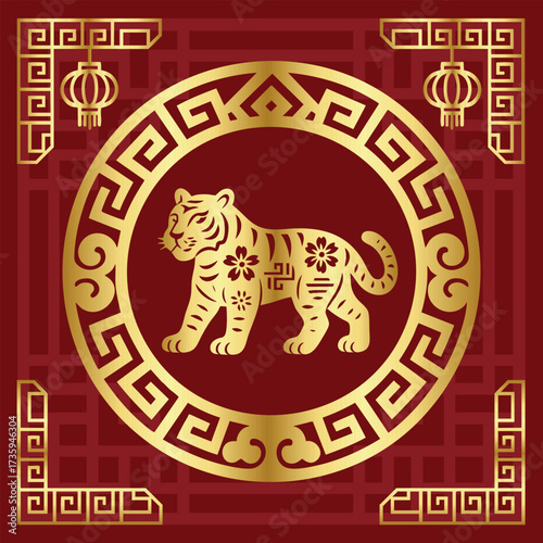 Chinese golden tiger zodiac symbol with traditional frame, red background, festive Asian New Year decoration