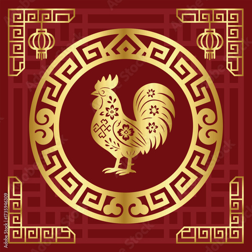 Chinese zodiac rat golden vector illustration with decorative circular frame, lantern ornaments and festive red background