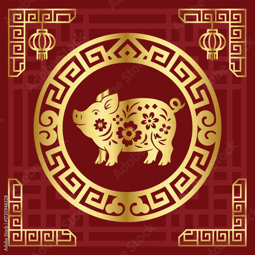 Chinese zodiac pig in golden paper cut style on red background, luxury oriental design for New Year celebration.