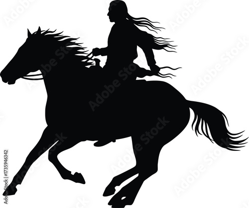 Silhouette of a Native American man riding a galloping horse with flowing hair rider