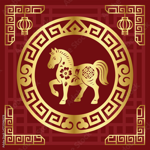 Golden Chinese horse zodiac in red oriental frame with floral design, elegant lunar new year decoration