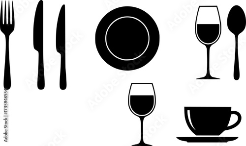 Dining icons set featuring tableware and utensils in minimalistic silhouette style