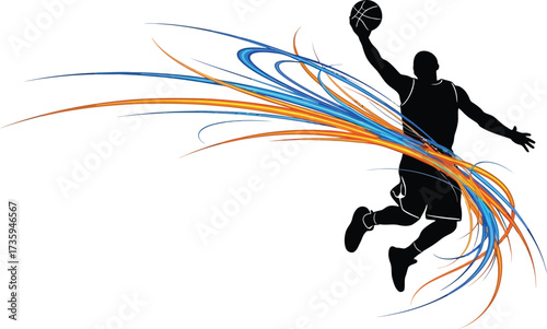 Silhouette of a basketball player performing a slam dunk with colorful swirls, showcasing athleticism and dynamic movement in sports