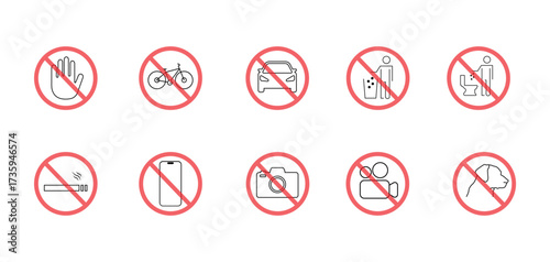 Prohibited and forbidden editable stroke outline icons set isolated on white background flat vector illustration.