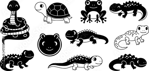 Cute reptiles and amphibians collection with snake, turtle, frog and lizards