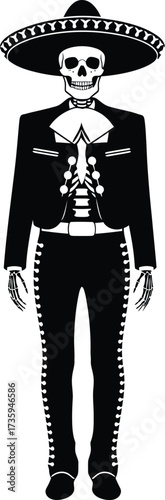 Silhouette of a skeleton in a mariachi suit and sombrero musician