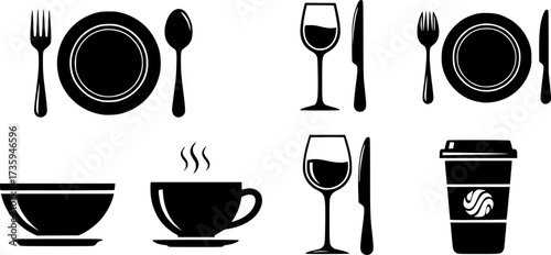 Dining icons set featuring tableware and utensils in minimalistic silhouette style