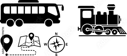 Minimalist transport icons set with bus, train, and map elements