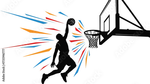 Silhouette of a basketball player dunking ball player is in midair, reaching for hoop, with colorful streaks behind him, creating a dynamic and energetic scene