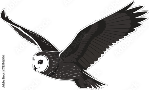 A captivating illustration showcases a barn owl in flight, its wings gracefully spread against an, embodying essence of nocturnal wildlife
