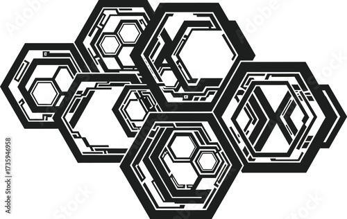 Abstract hexagonal shapes create a futuristic design interconnected geometric forms suggest technology and innovation with a modern aesthetic