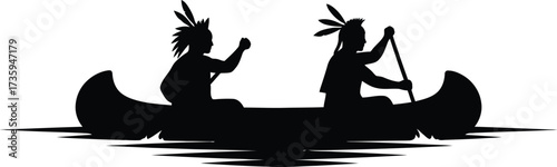 Silhouette of two Native American men in a canoe with one man holding up an object