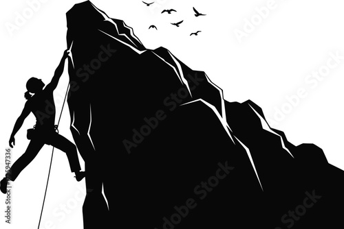 Silhouette of a climber ascending a steep mountain peak, with a compass and birds in, an adventurous journey to summit