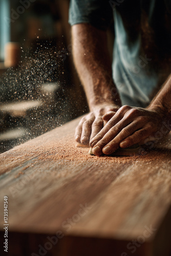 A person's hands sanding a wooden surface to a smooth finish, creating sawdust, indicating meticulous woodworking.