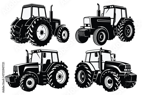 Vector art of four tractor silhouettes showcasing different models and angles, perfect for agricultural themes, machinery illustrations, and farmingrelated designs