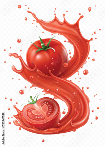 realistic 3d red tomato juice or ketchup sauce splashes in different style isolated on transparent background